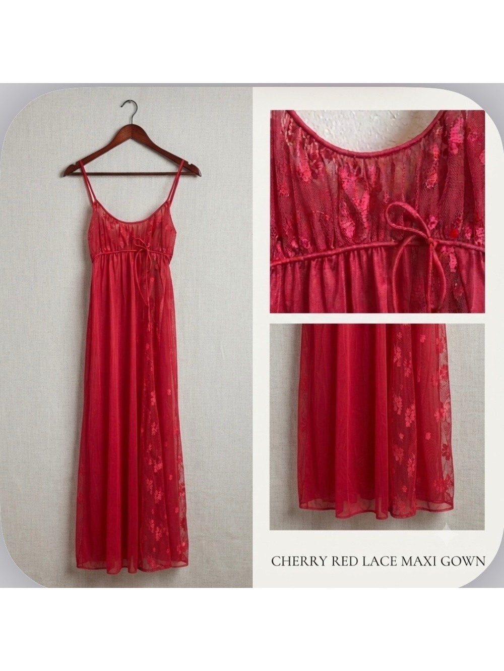 Empire waist vintage coquette romantic Lace red Maxi Gown Sheer Floral can